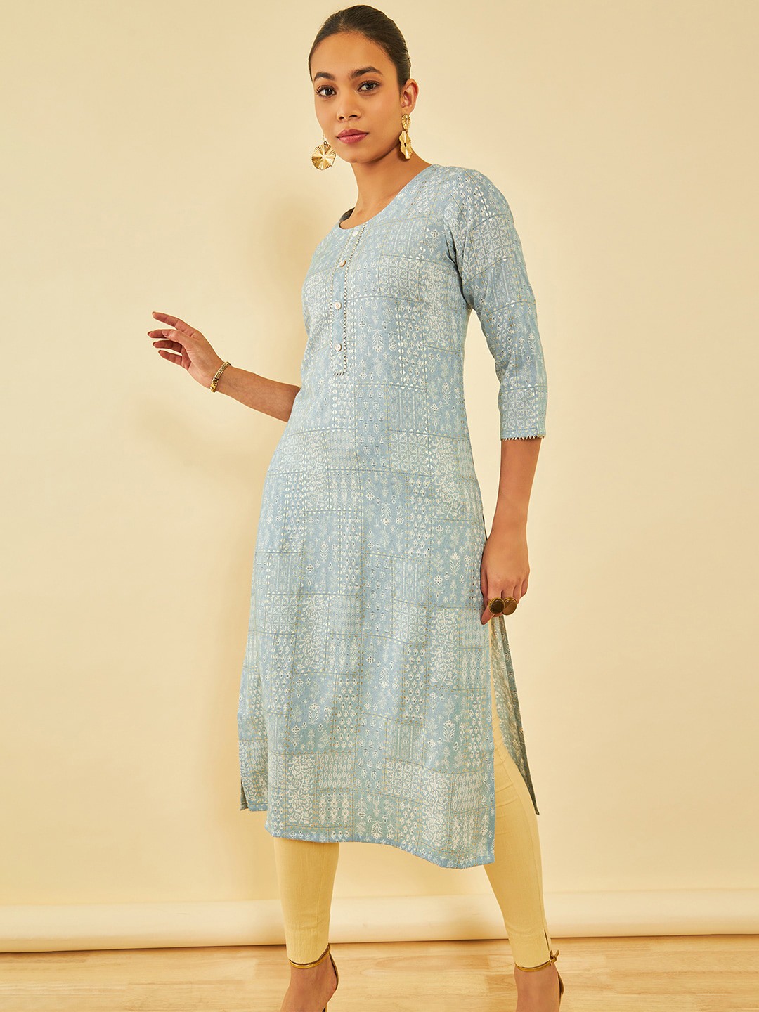 

Soch Floral Printed Gotta Patti Foil Print Straight Kurta, Grey