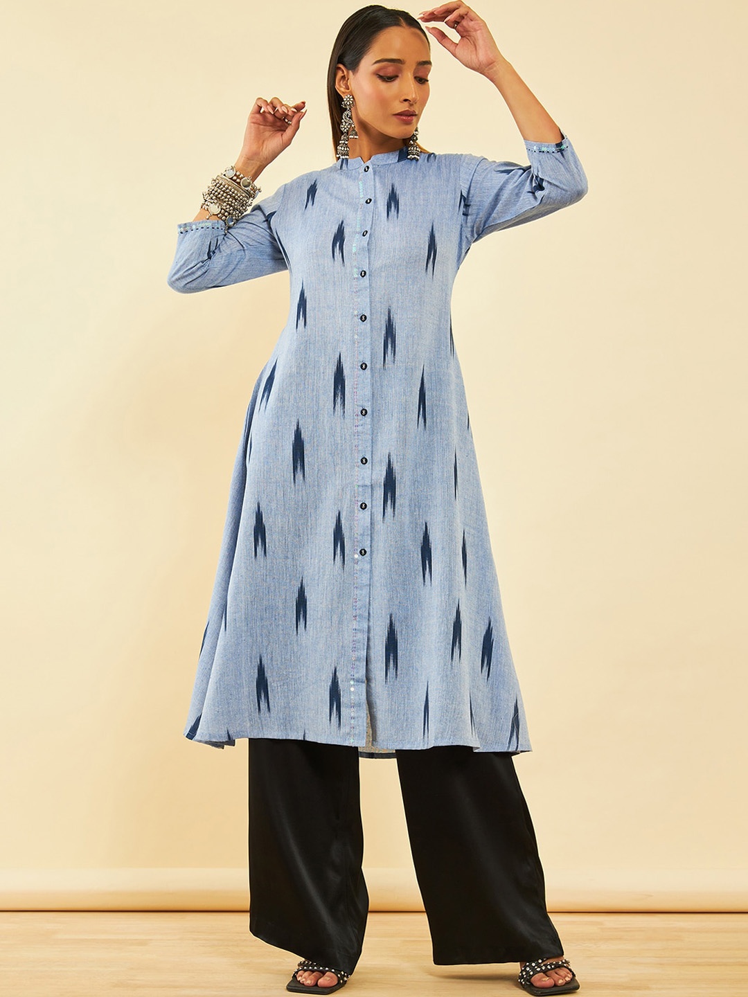 

Soch Abstract Printed Sequinned Mandarin Collar Ikat Print Cotton Straight Kurta, Blue
