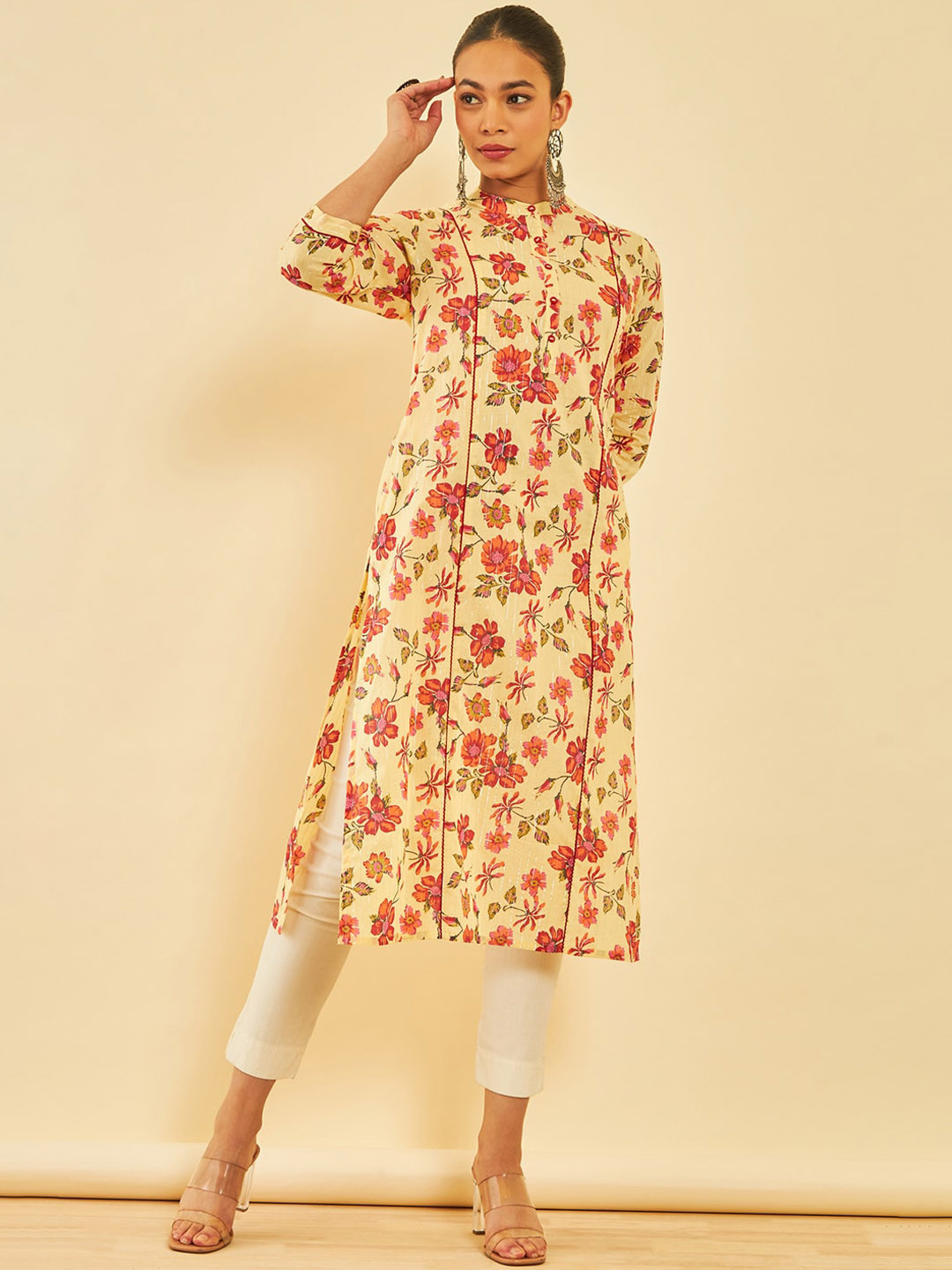 

Soch Women Floral Printed Mandarin Collar Three-Quarter Sleeves Cotton Straight Kurta, Yellow
