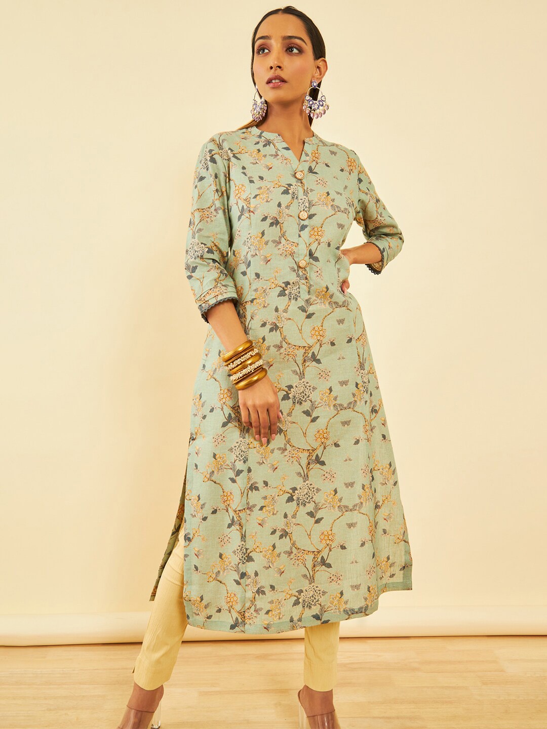 

Soch Floral Printed Mandarin Collar Three-Quarter Sleeves Linen Straight Kurta, Green