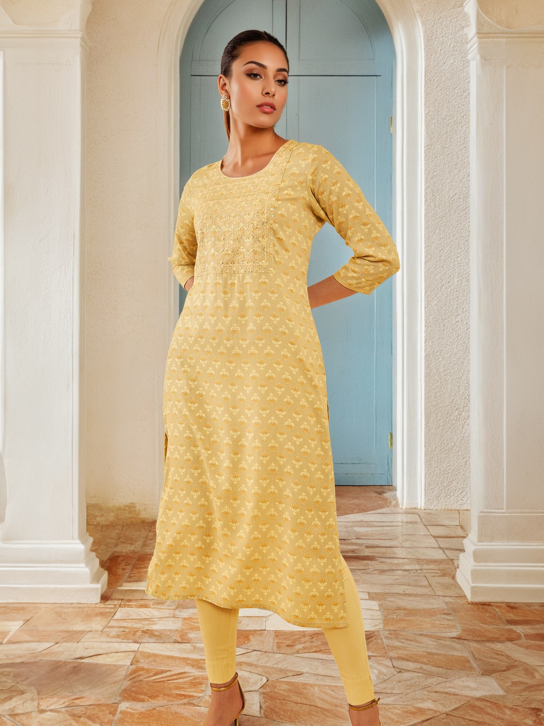 

Soch Floral Embroidered Round Neck Three-Quarter Sleeves Sequinned Straight Kurta, Beige
