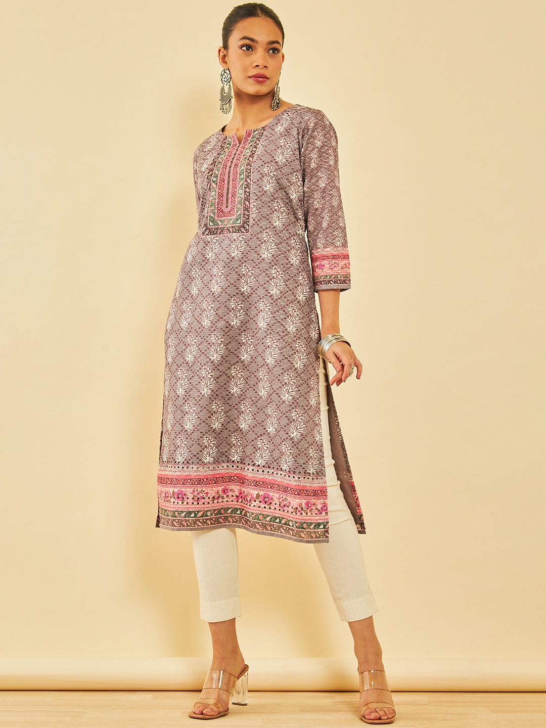 

Soch Ethnic Motifs Printed Straight Cotton Kurta, Brown