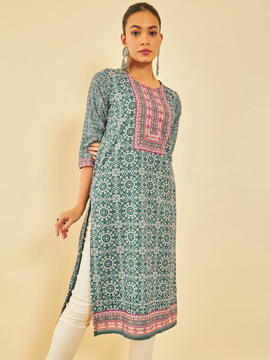 

Soch Women Ethnic Motifs Printed Straight Cotton Kurta, Teal