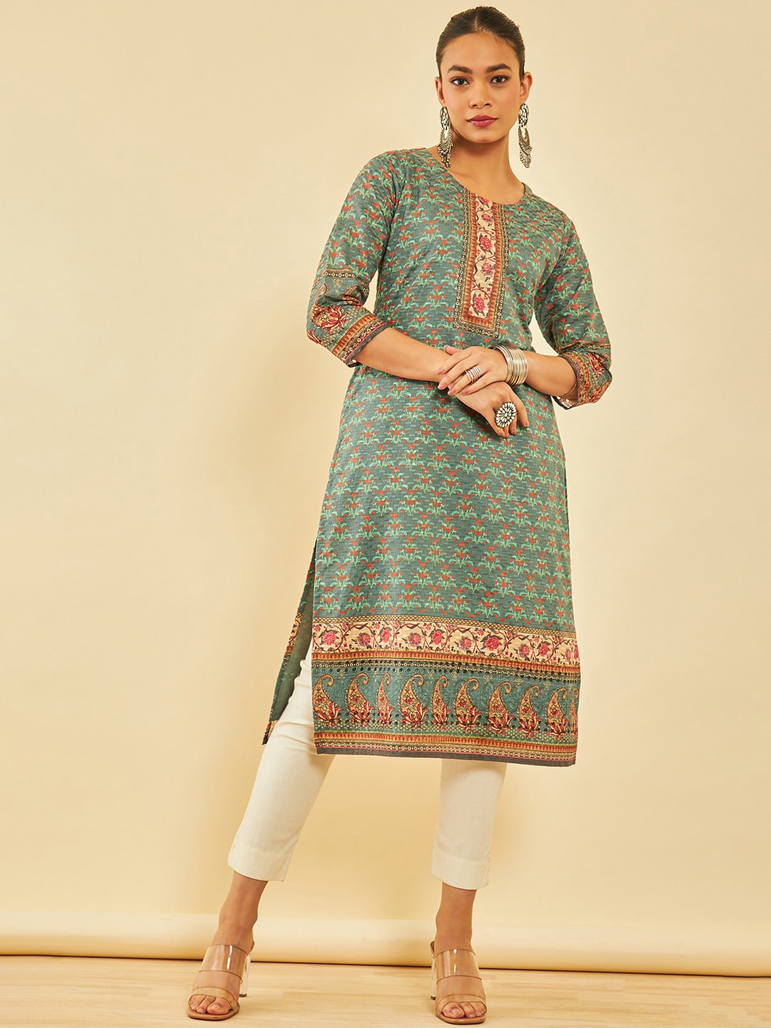 

Soch Floral Printed Straight Cotton Kurta, Green