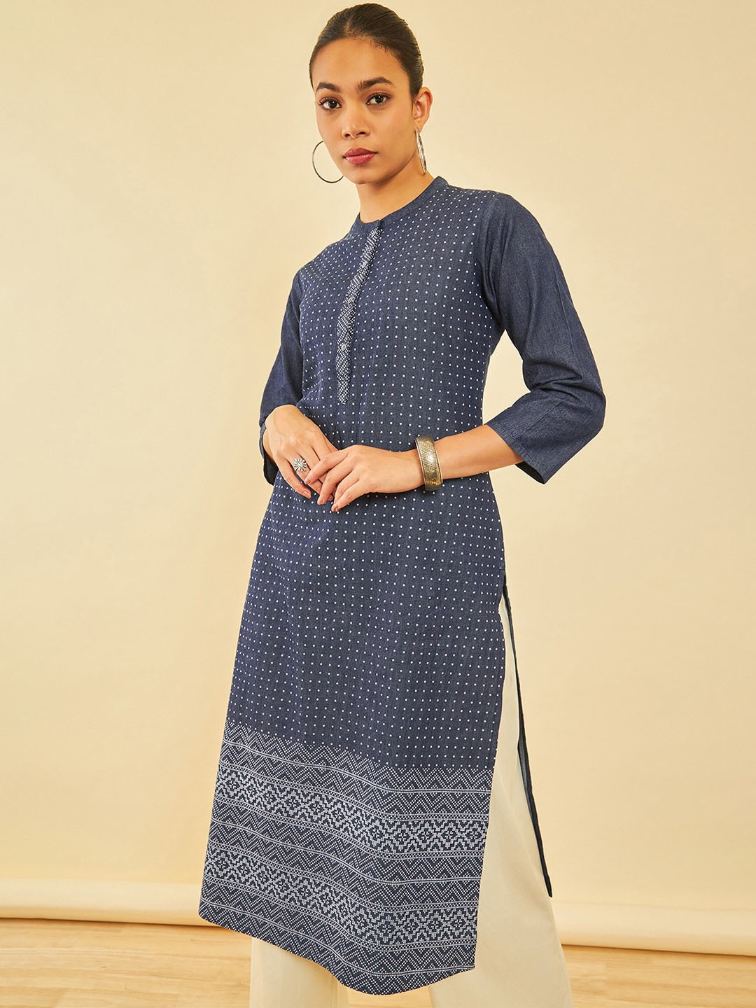 

Soch Geometric Printed Mandarin Collar Cotton Kurta, Blue