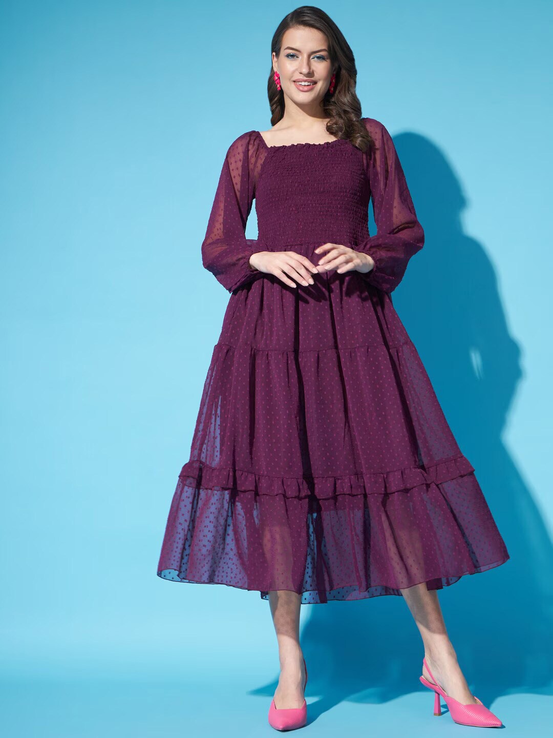 

DEKLOOK Puff Sleeve Fit & Flare Midi Dress, Purple