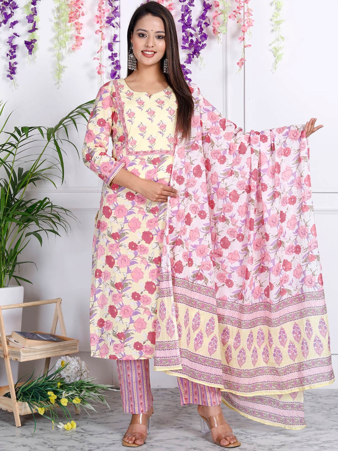 

Swasti Floral Printed Sequinned Pure Cotton Straight Kurta With Trousers & Dupatta, Yellow