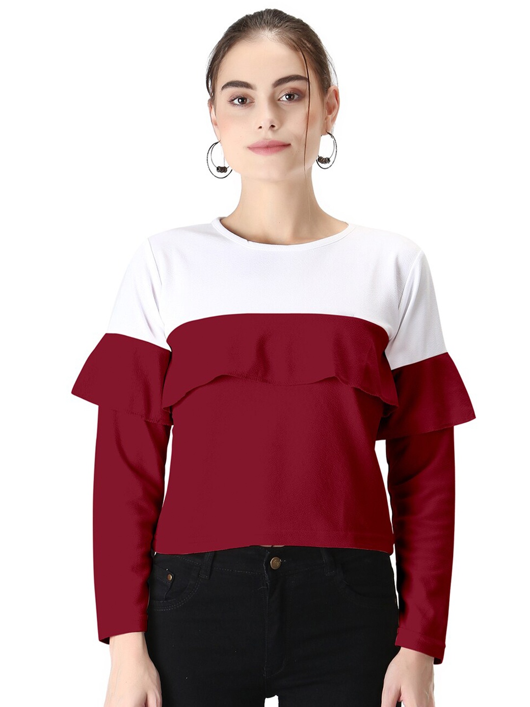 

BAESD Colourblocked Long Sleeves Ruffled Crop Top, Maroon