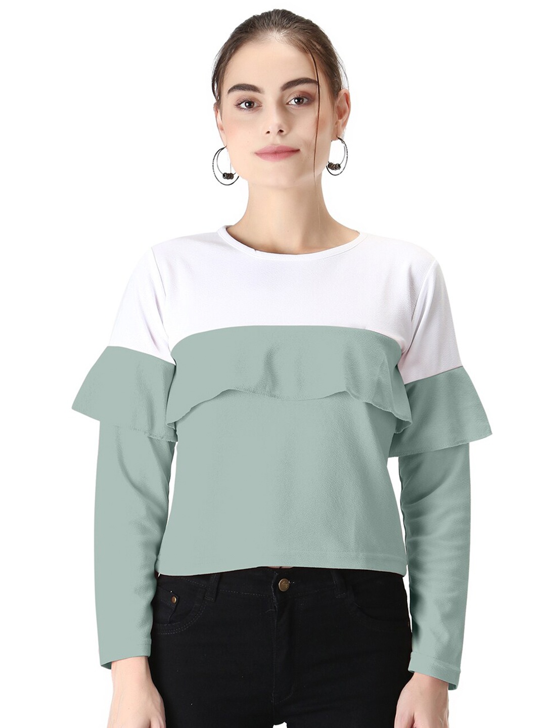 

BAESD Colourblocked Long Sleeves Ruffled Crop Top, Sea green