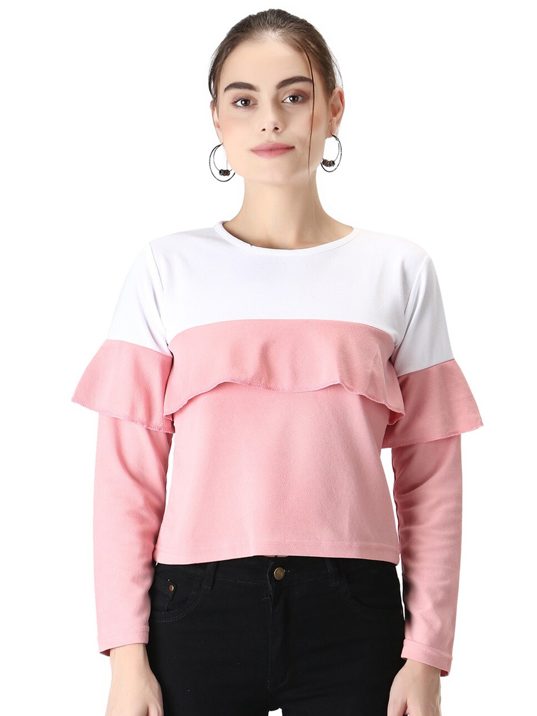 

BAESD Colourblocked Long Sleeves Ruffled Crop Top, Peach