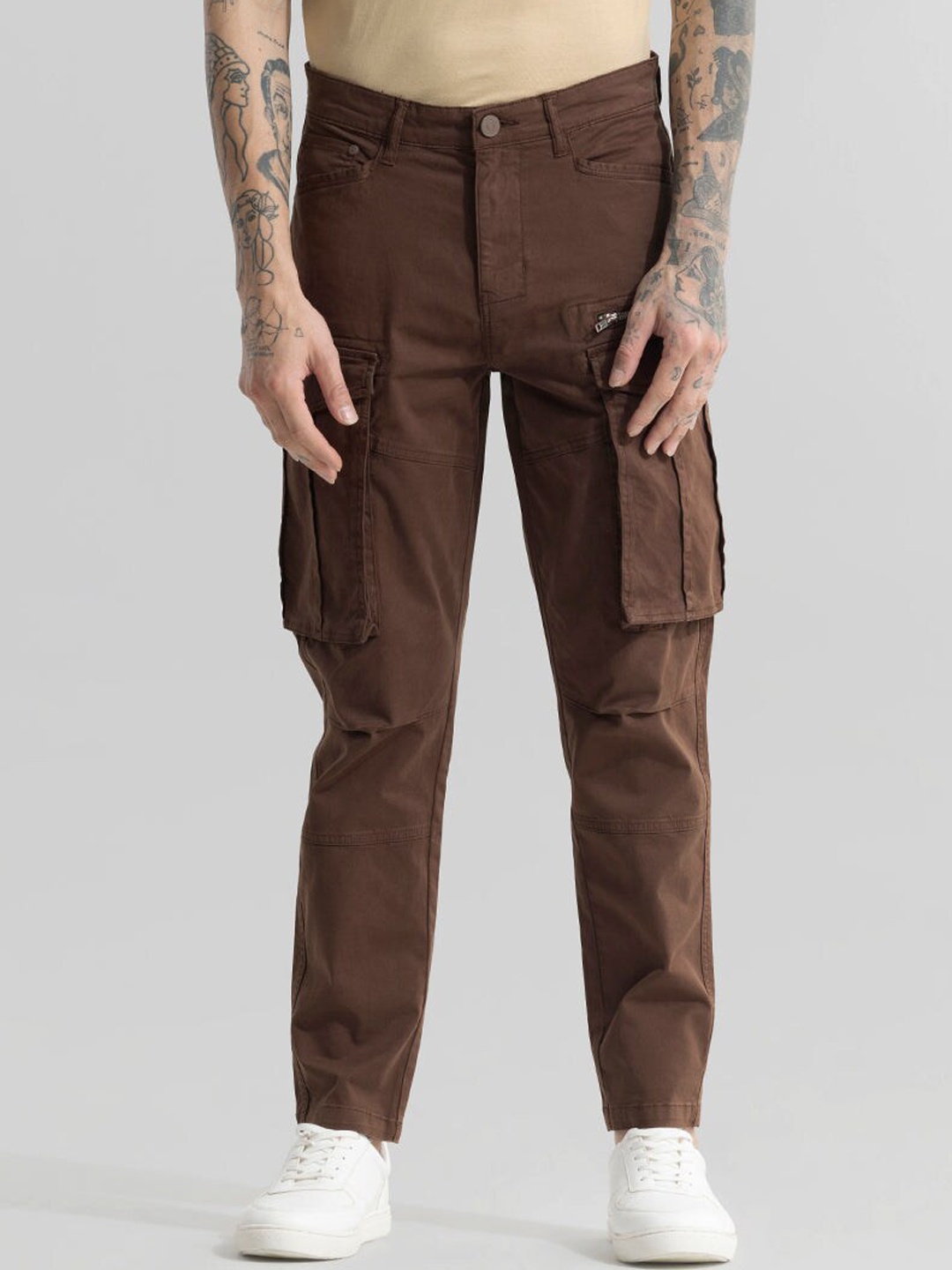 

Snitch Brown Men Mid-Rise Smart Slim Fit Cotton Cargo Trousers