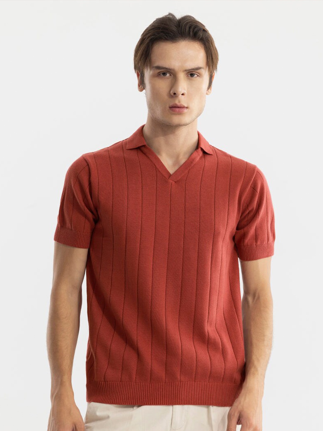 

Snitch Orange Striped Polo Collar Slim Fit Cotton T-shirt