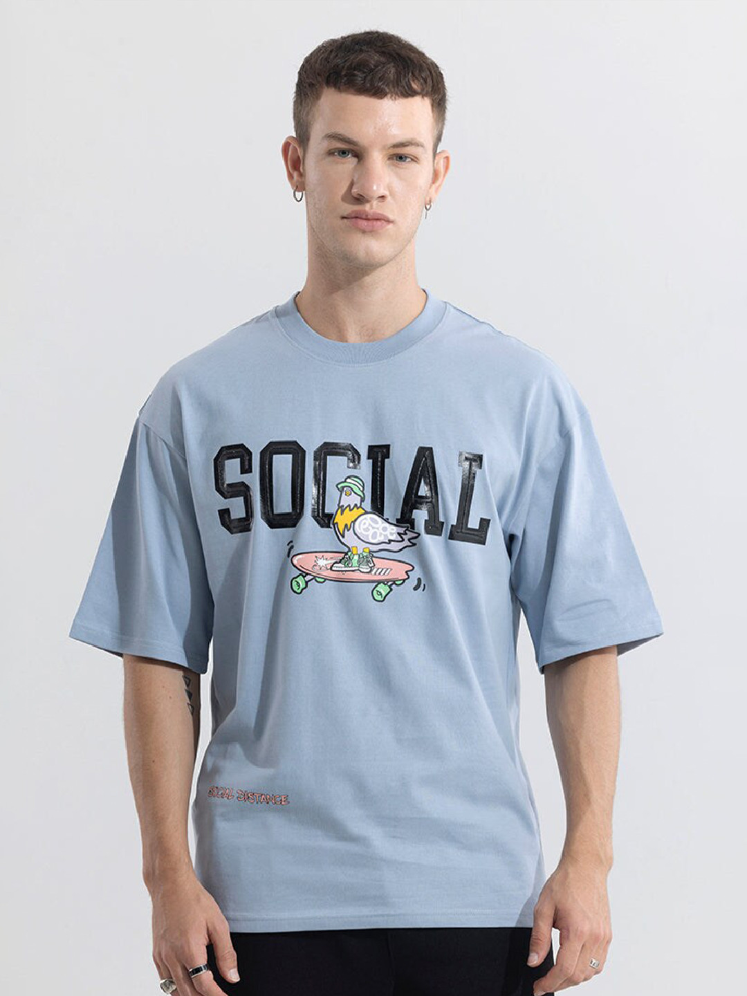 

Snitch Typography Printed Drop-Shoulder Sleeves Oversized Cotton T-shirt, Blue
