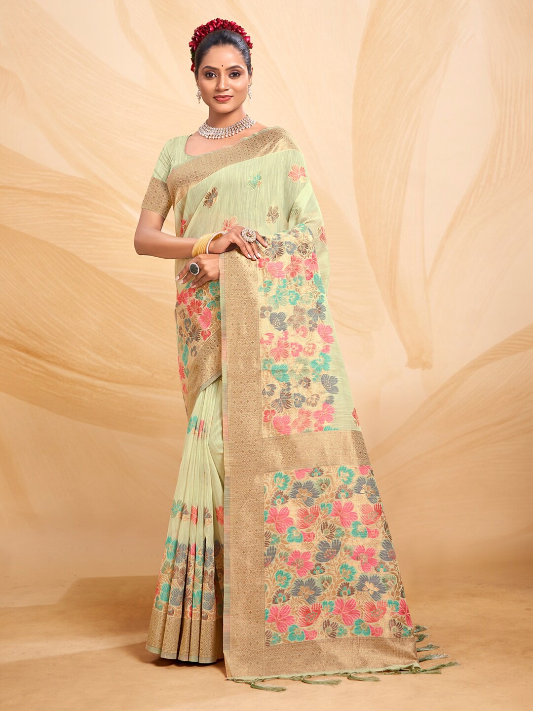 

SANGAM PRINTS Floral Woven Design Cotton Zari Saree, Green