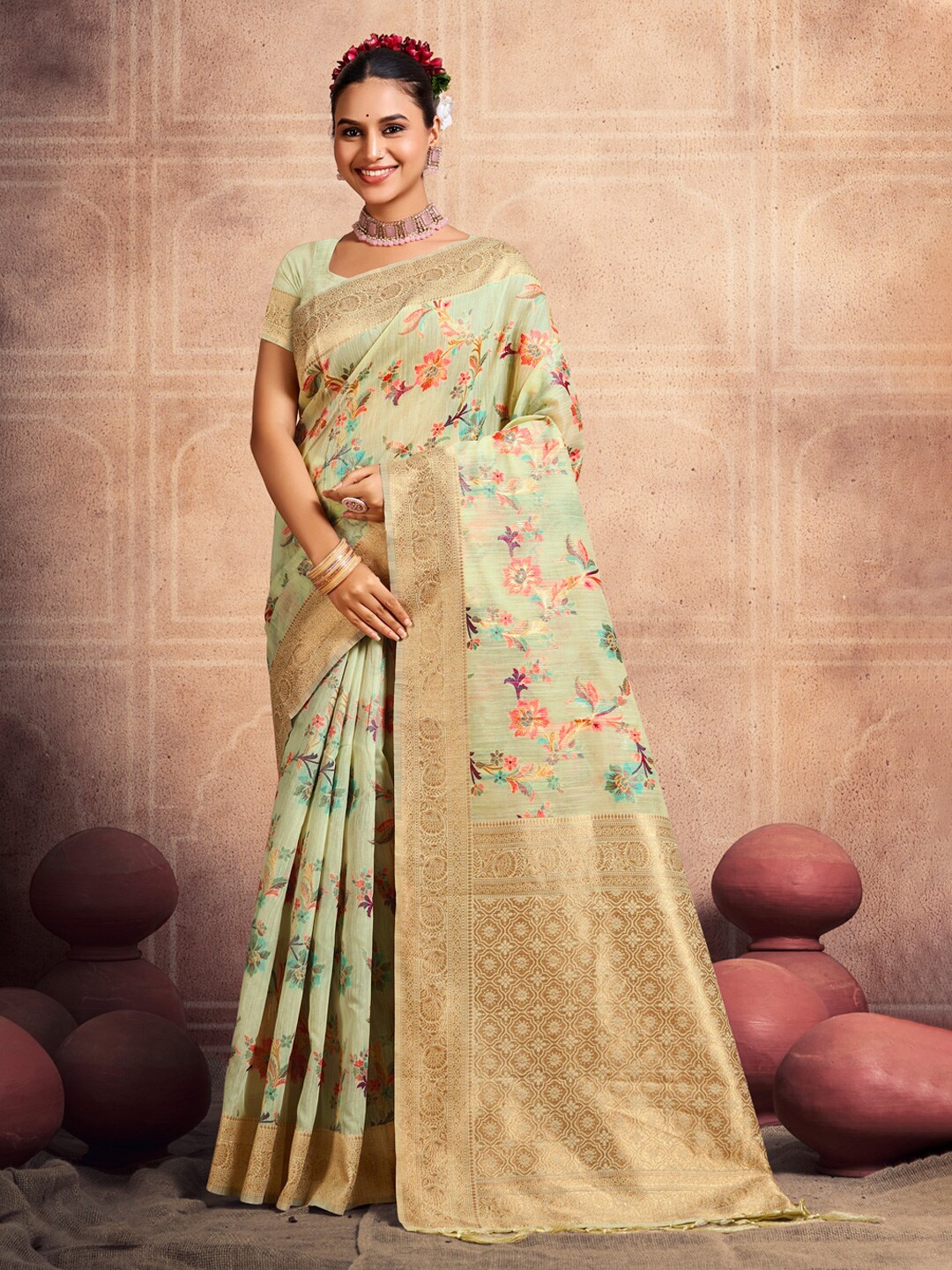 

SANGAM PRINTS Floral Printed Cotton Zari Saree, Green