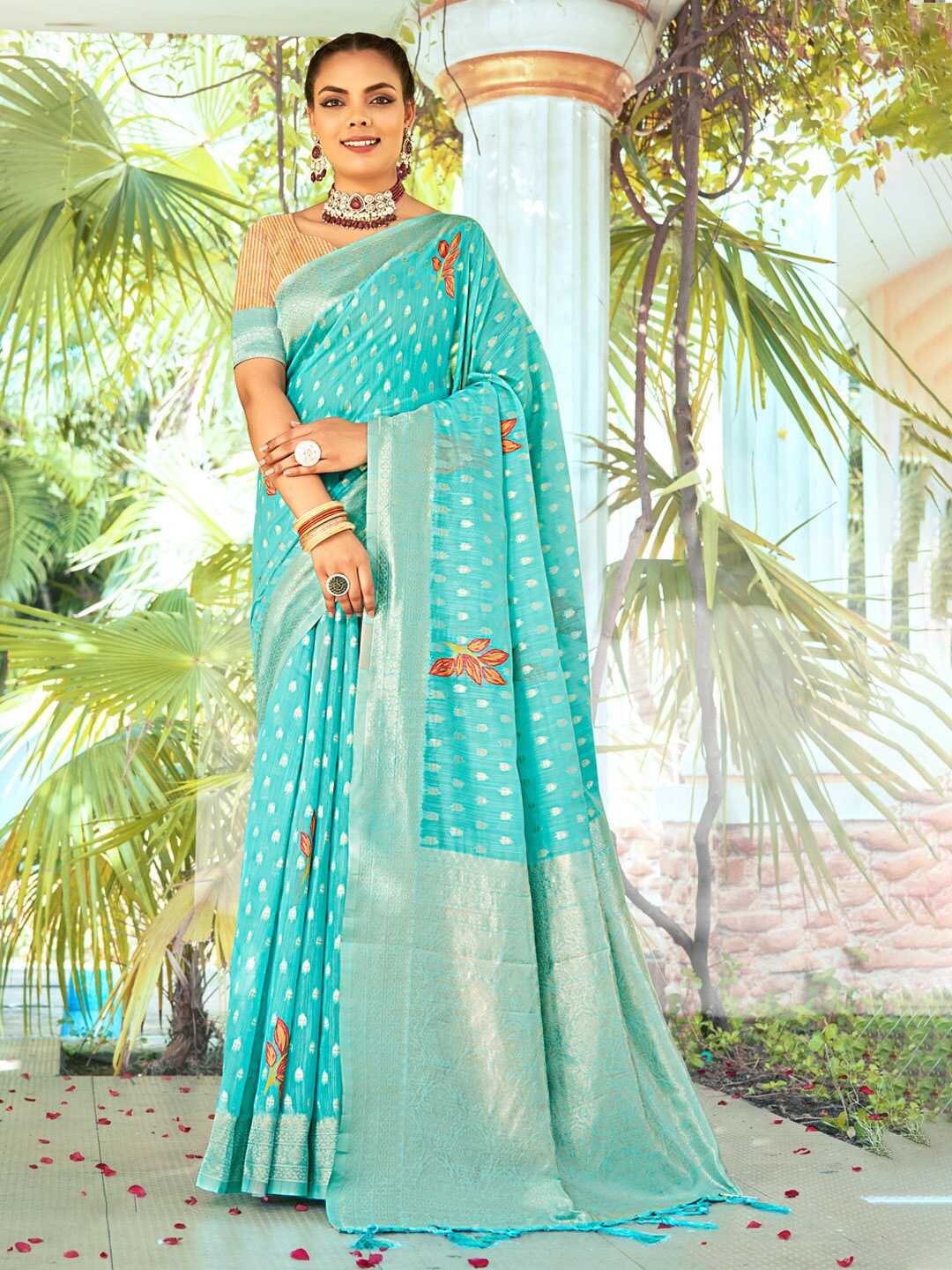 

SANGAM PRINTS Woven Design Cotton Zari Saree, Blue