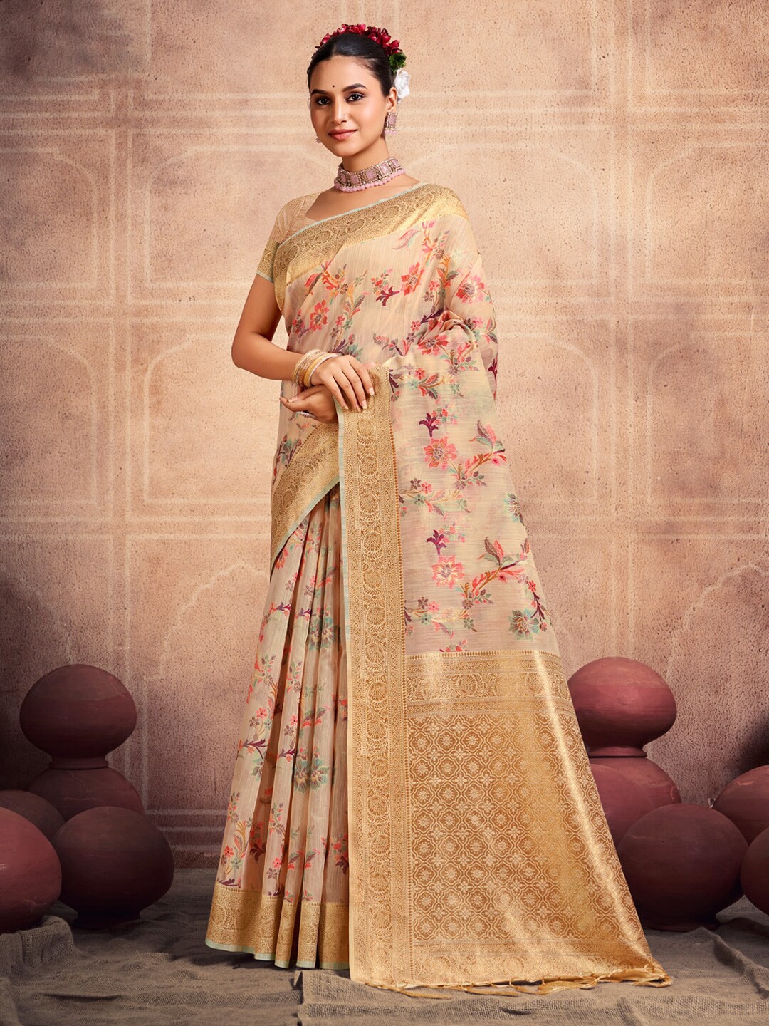 

SANGAM PRINTS Woven Design Zari Cotton Saree, Cream