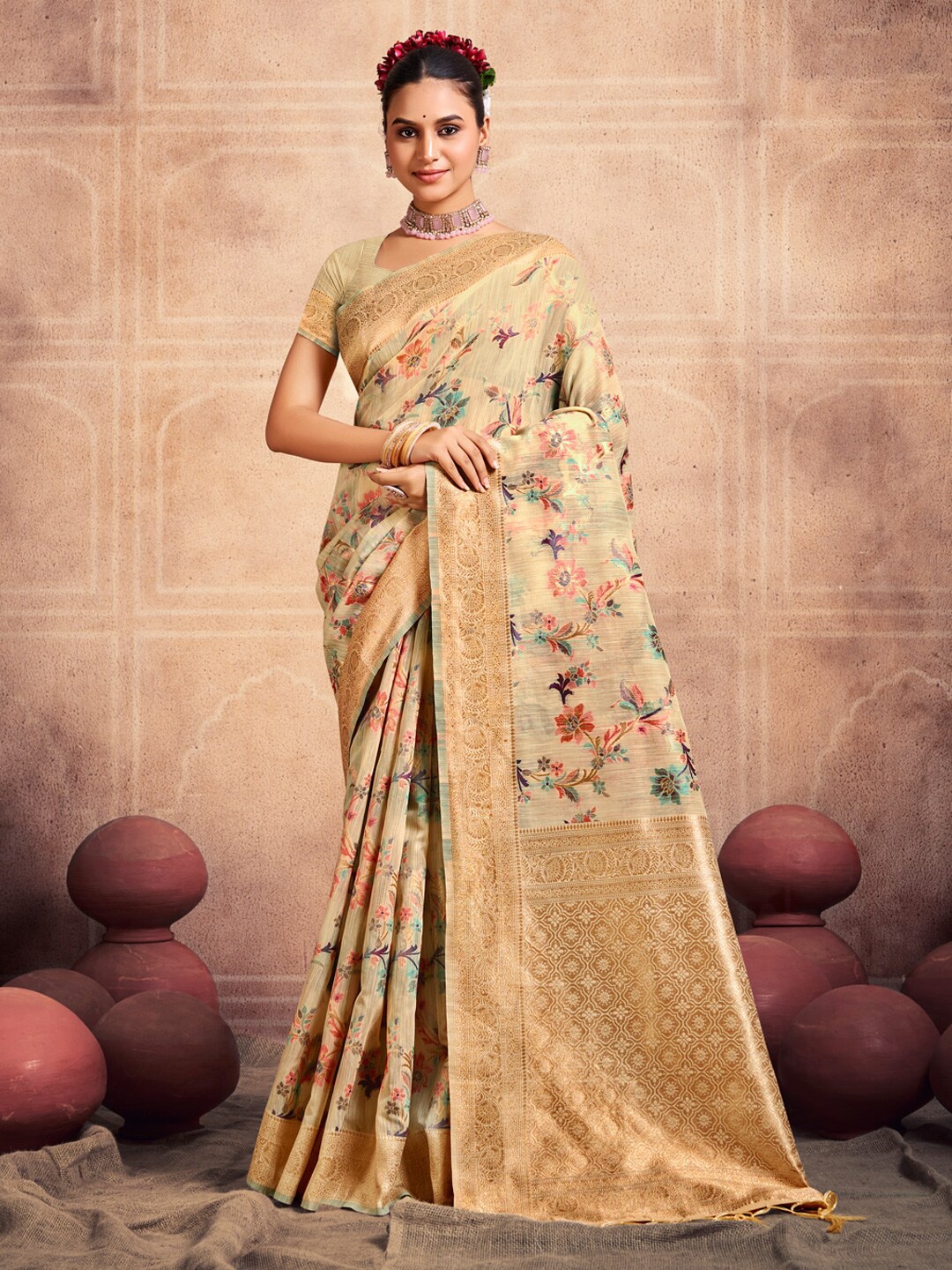 

SANGAM PRINTS Woven Design Zari Cotton Saree, Yellow