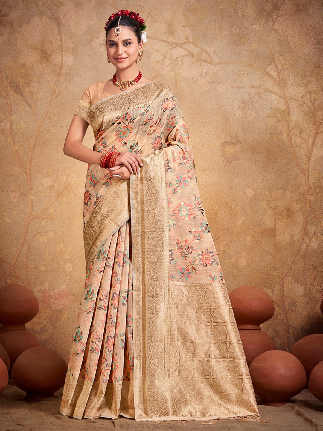 

SANGAM PRINTS Woven Design Zari Saree, Peach
