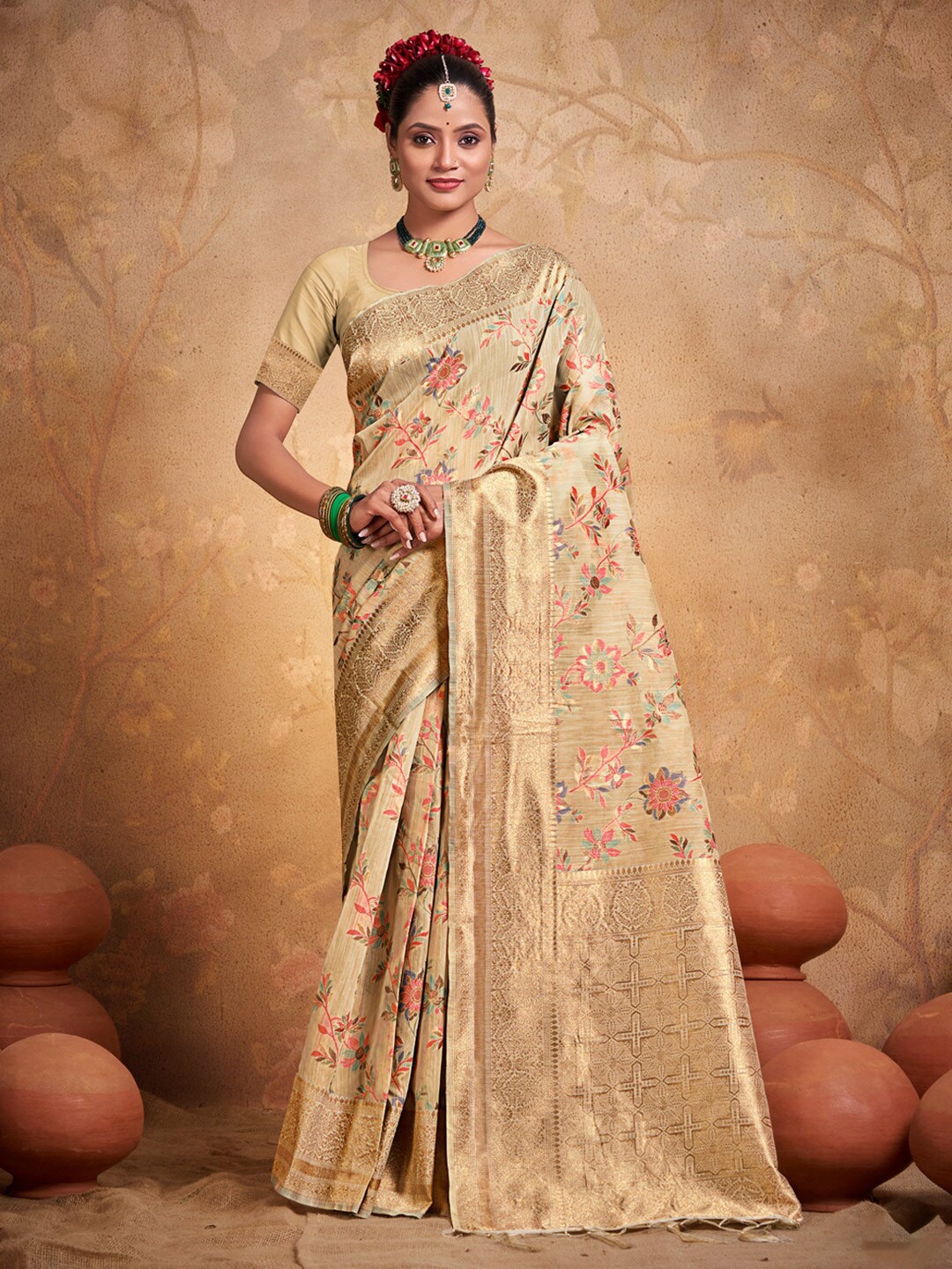 

SANGAM PRINTS Woven Design Zari Cotton Saree, Yellow