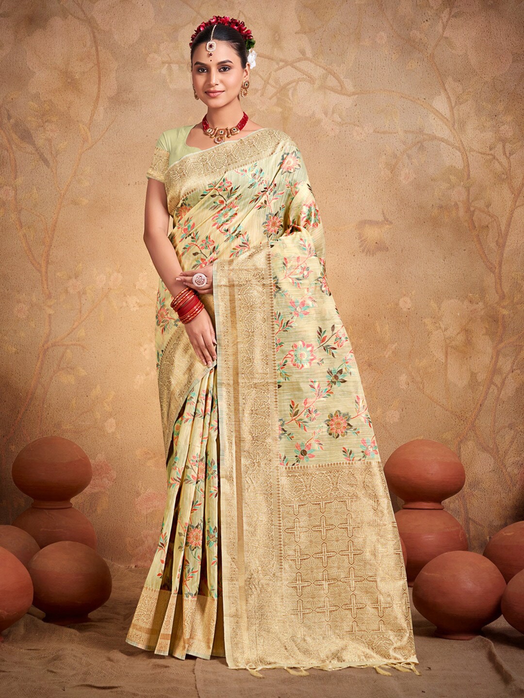 

SANGAM PRINTS Floral Woven Design Zari Cotton Saree, Cream