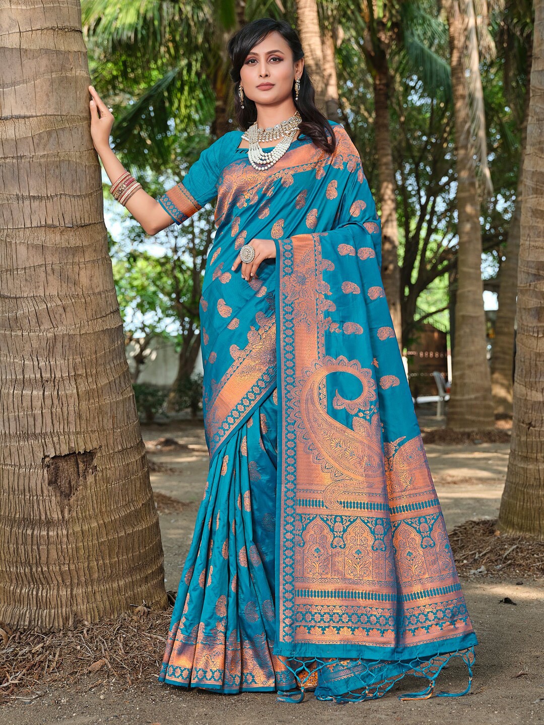 

SANGAM PRINTS Woven Design Zari Silk Banarasi Saree, Blue