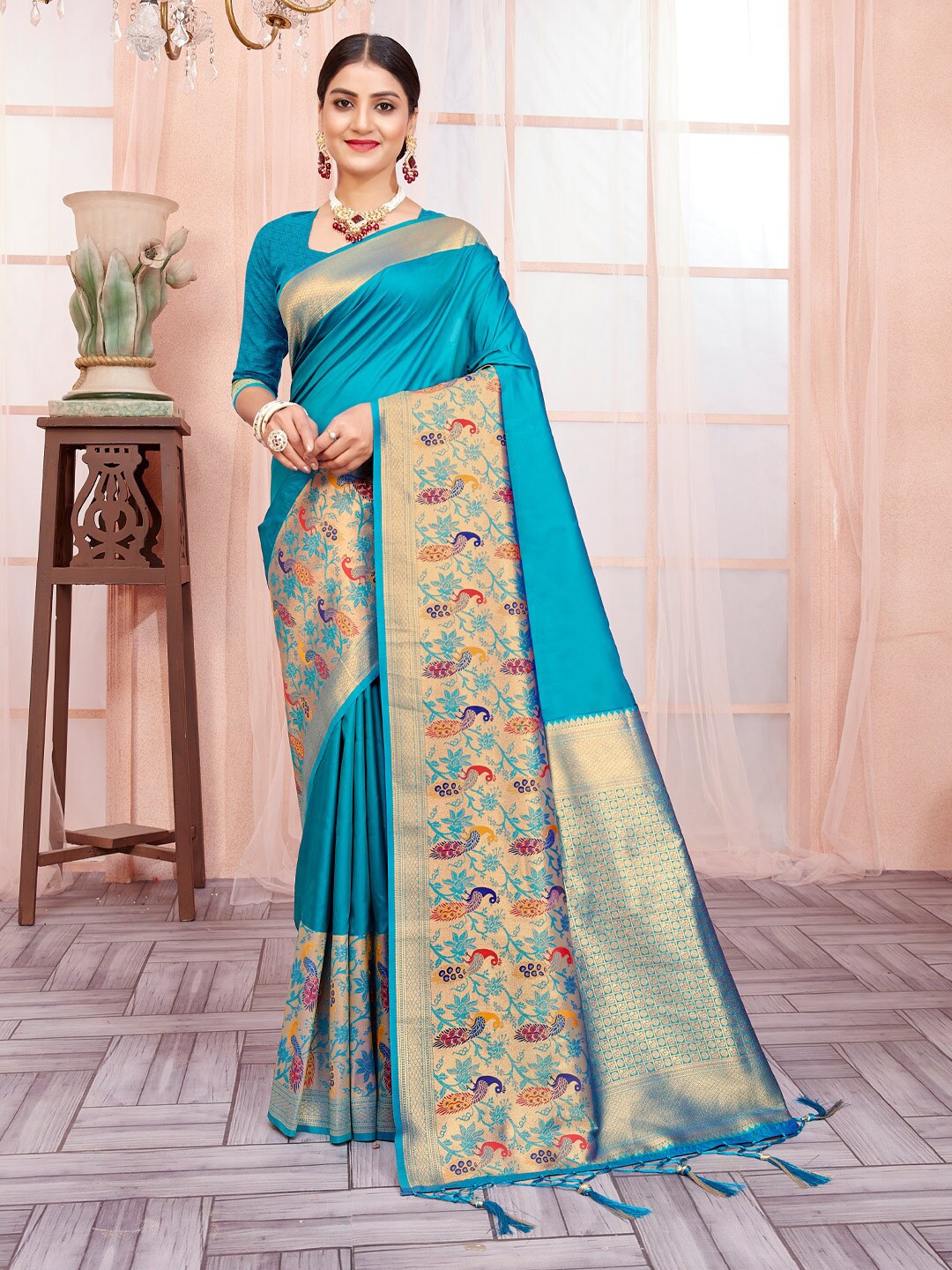 

SANGAM PRINTS Woven Design Zari Silk Paithani Saree, Blue