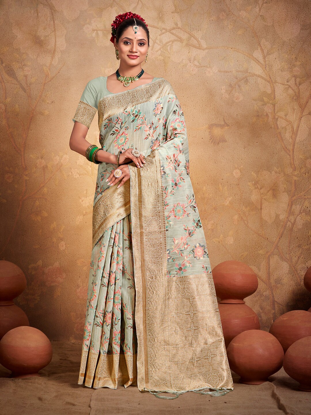 

SANGAM PRINTS Ethnic Motifs Zari Cotton Saree, Sea green