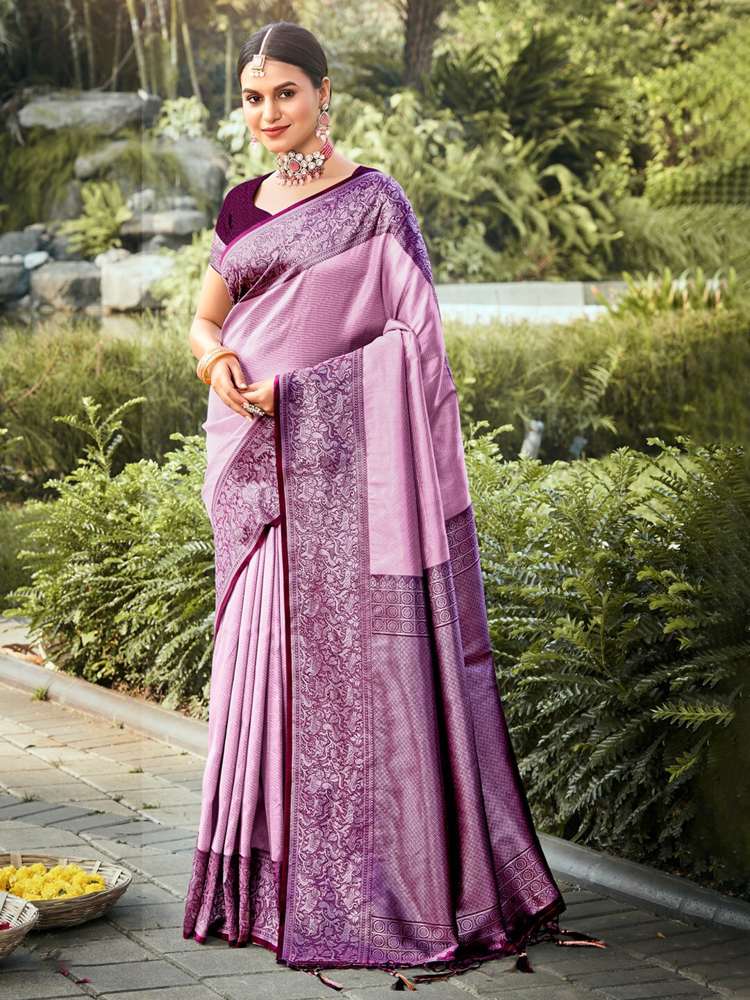 

SANGAM PRINTS Woven Design Zari Silk Kanjeevaram Saree, Purple