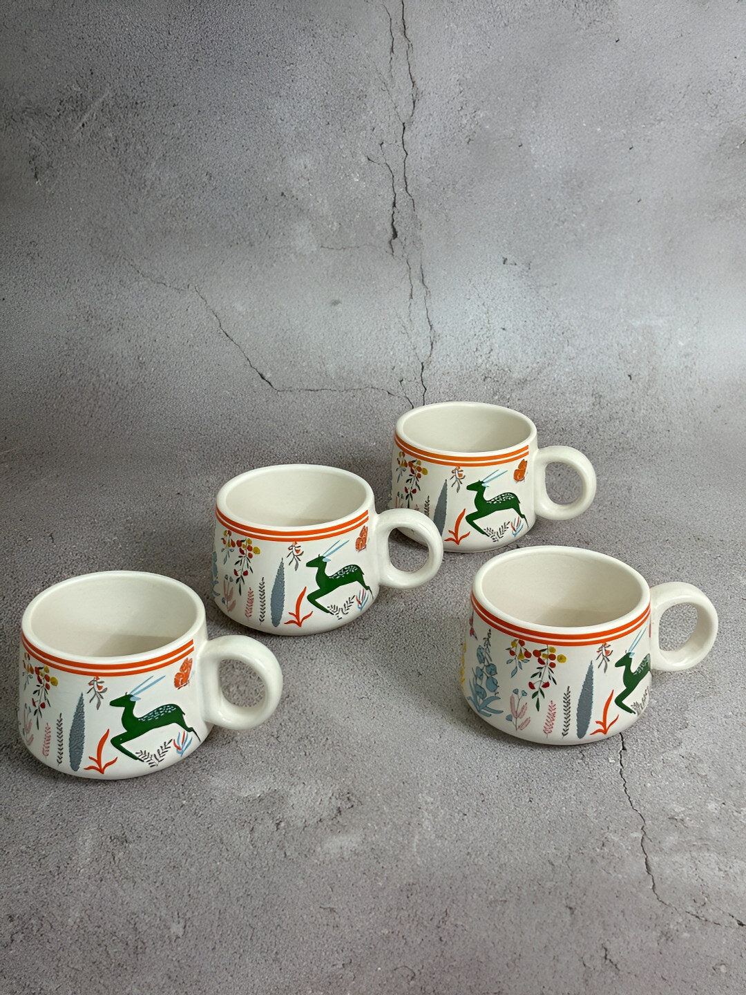 

House of Ceramics White & Green 4 Pieces Floral Printed Ceramic Glossy Mugs 150 ml