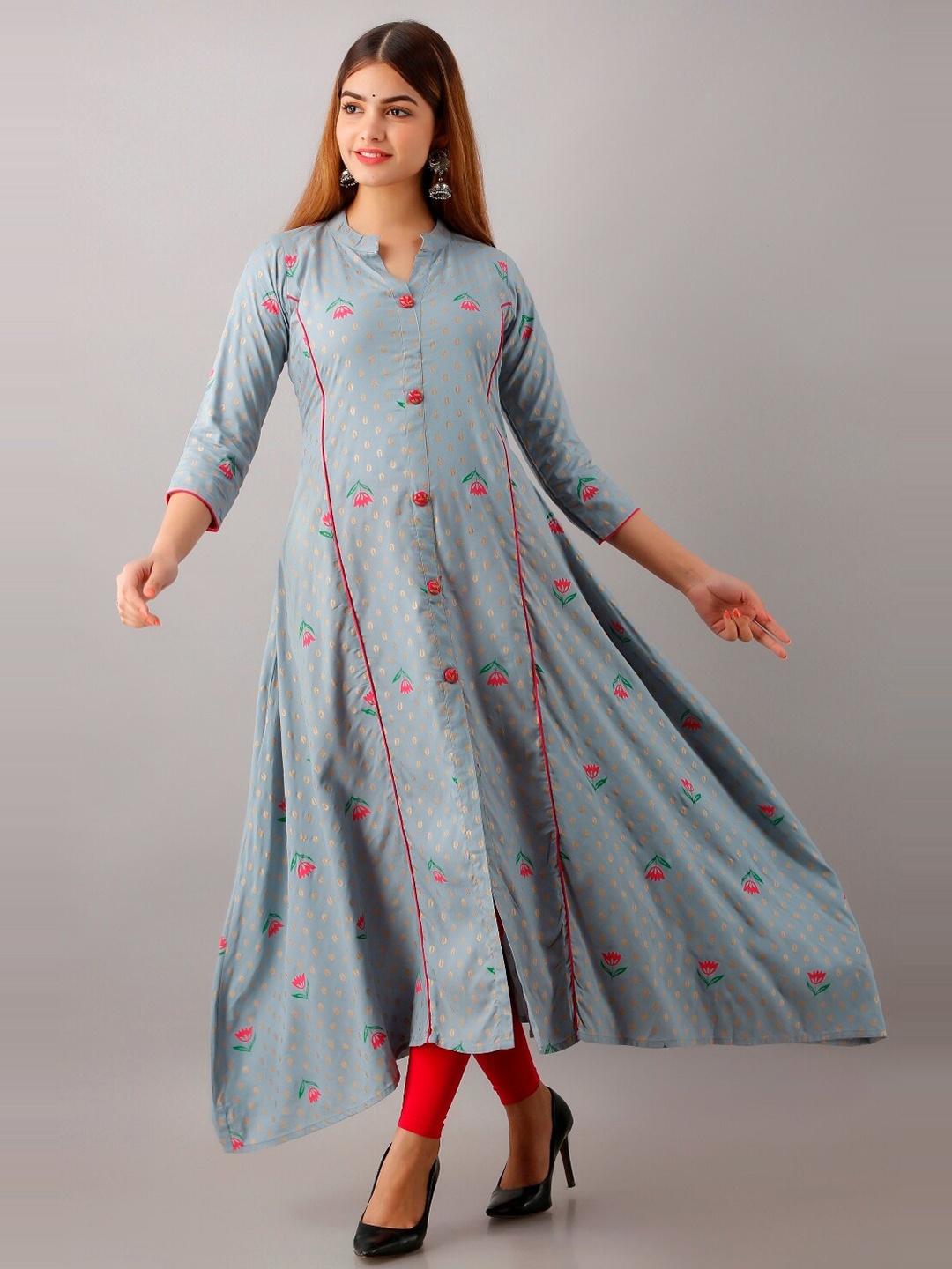 

HANUMNTRA Floral Printed Panelled Anarkali Kurta, Grey