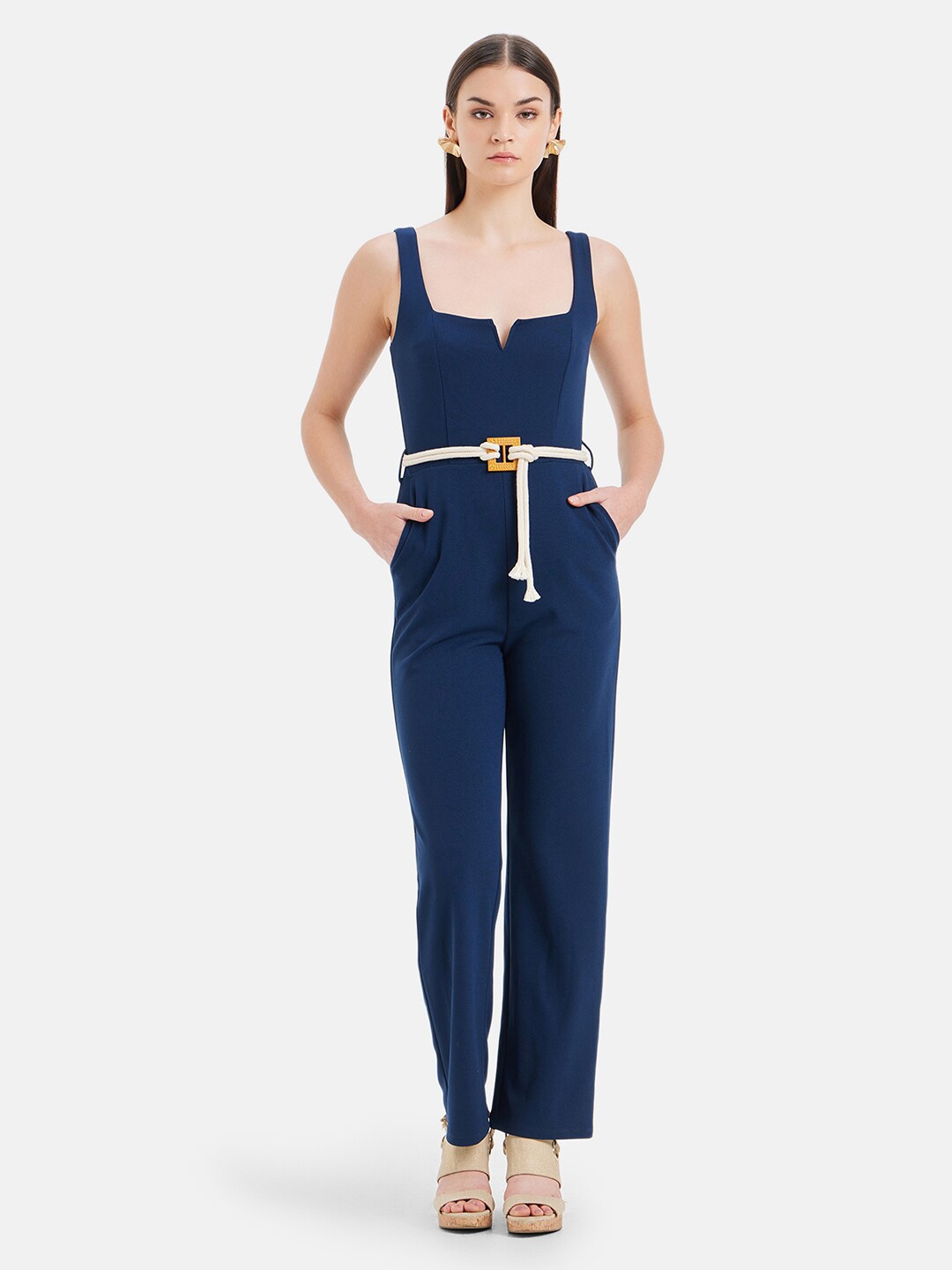 

Kazo Shoulder Straps Tie-Up Detailed Cotton Basic Jumpsuit, Navy blue