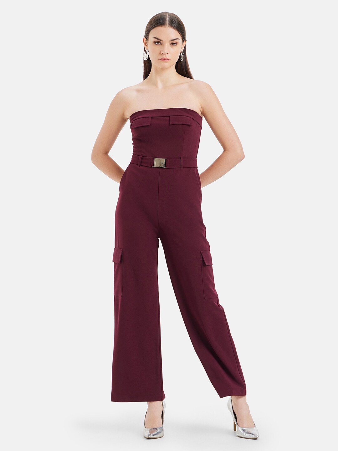 

Kazo Strapless Basic Jumpsuit With Belt, Maroon