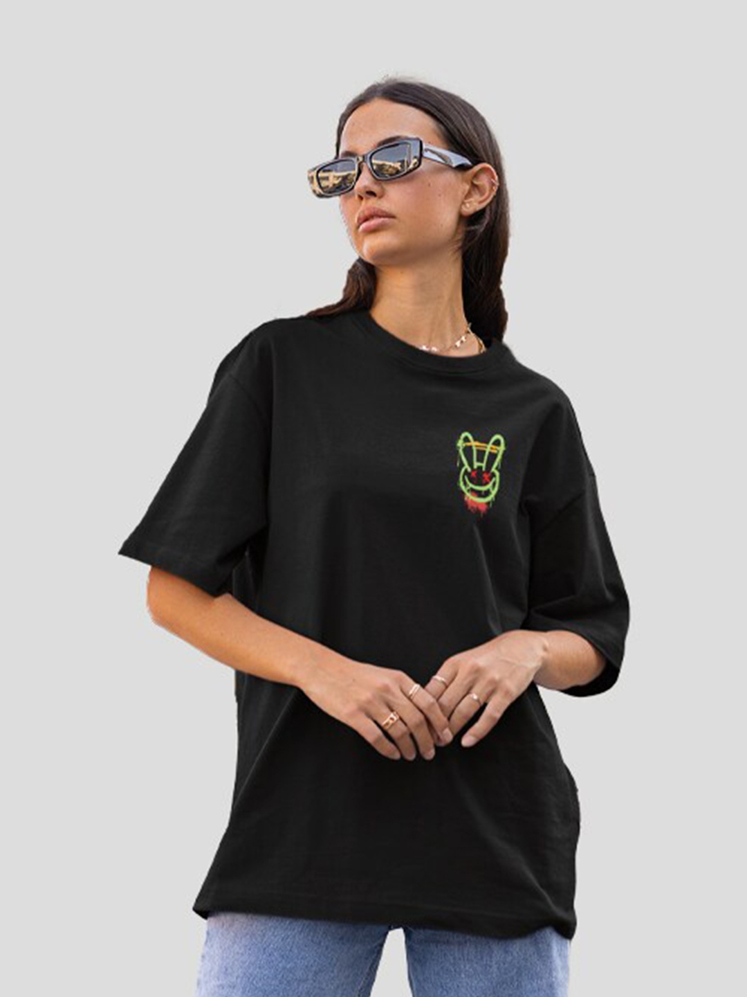 

Slenor Typography Printed Drop-Shoulder Sleeves Cotton Oversized T-shirt, Black