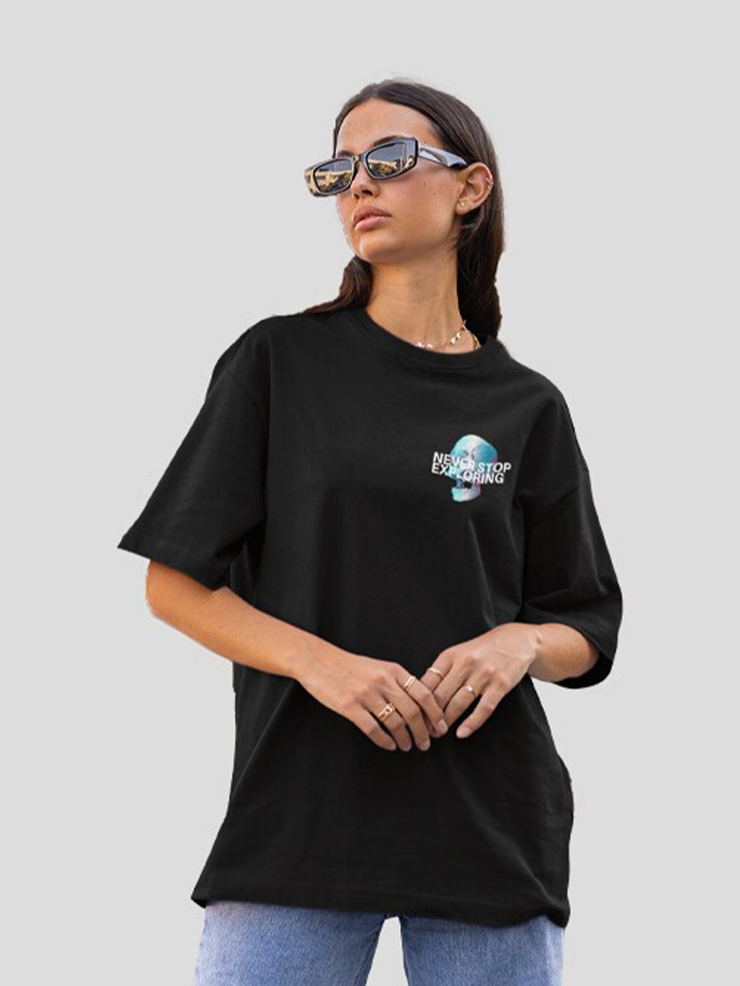 

Slenor Typography Printed Drop-Shoulder Sleeves Oversized Cotton T-shirt, Black