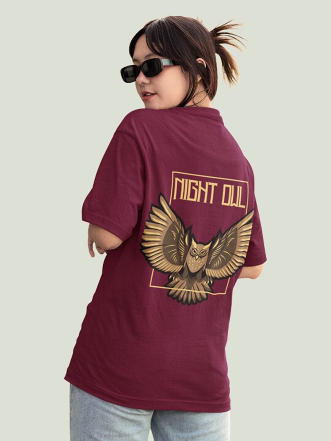 

Slenor Graphic Printed Round Neck Short Drop-Shoulder Sleeves Cotton Oversized T-shirt, Maroon