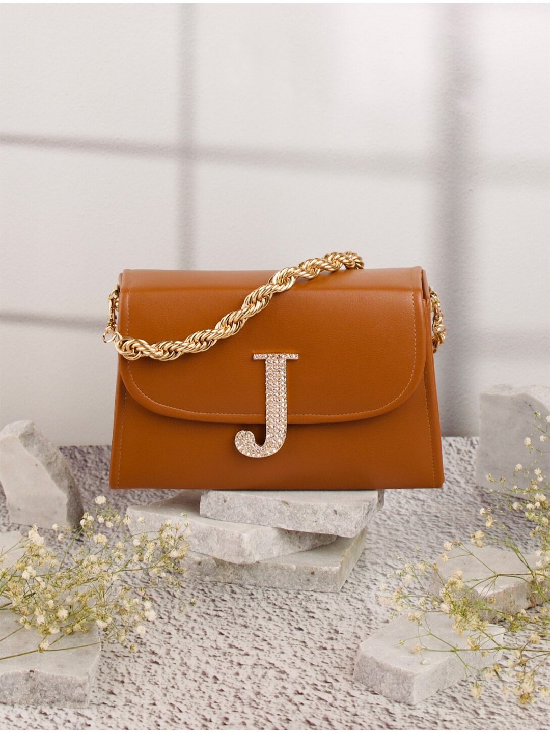 

NR By Nidhi Rathi J Embellished Box Clutch, Tan