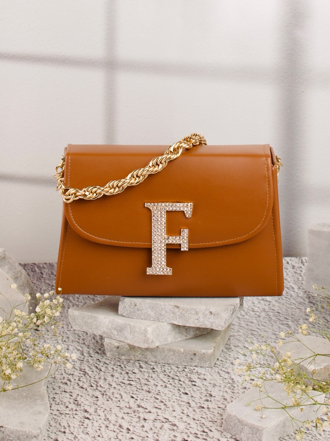 

NR By Nidhi Rathi Embellished F Alphabet Initial Leather Box Clutch, Tan