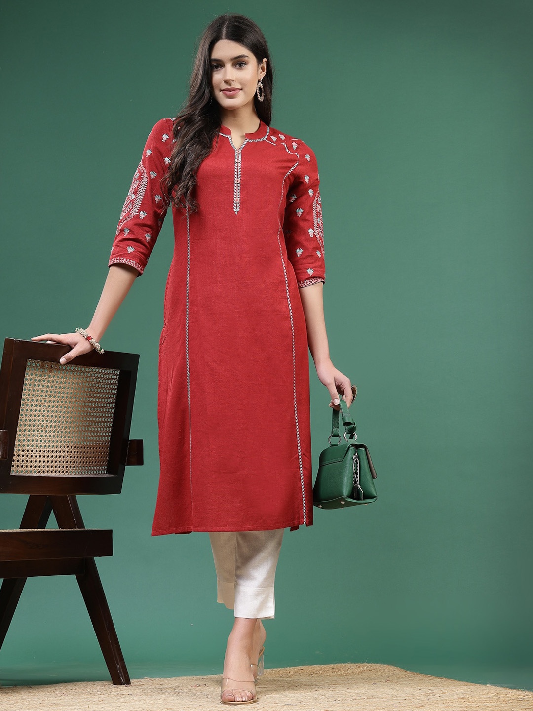 

Sangria Ethnic Motifs Embroidered Cotton Straight Kurta, Maroon