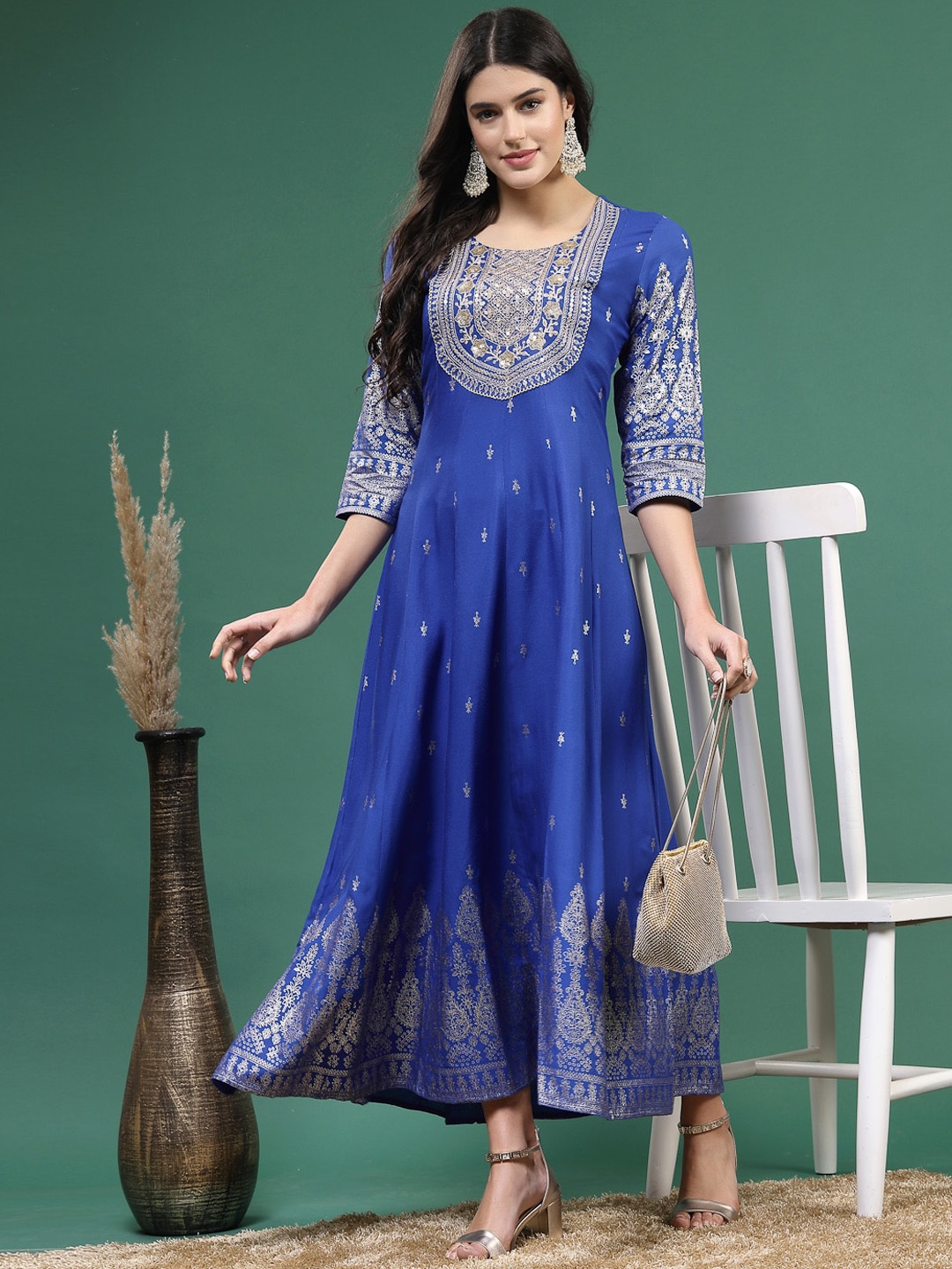 

Sangria Floral-Printed Sequined Zari Anarkali Kurta, Blue