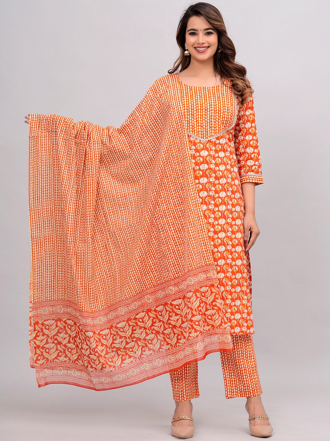 

JAIPURI COLLECTION Ethnic Motifs Printed Pure Cotton Kurta with Pyjamas & Dupatta, Orange