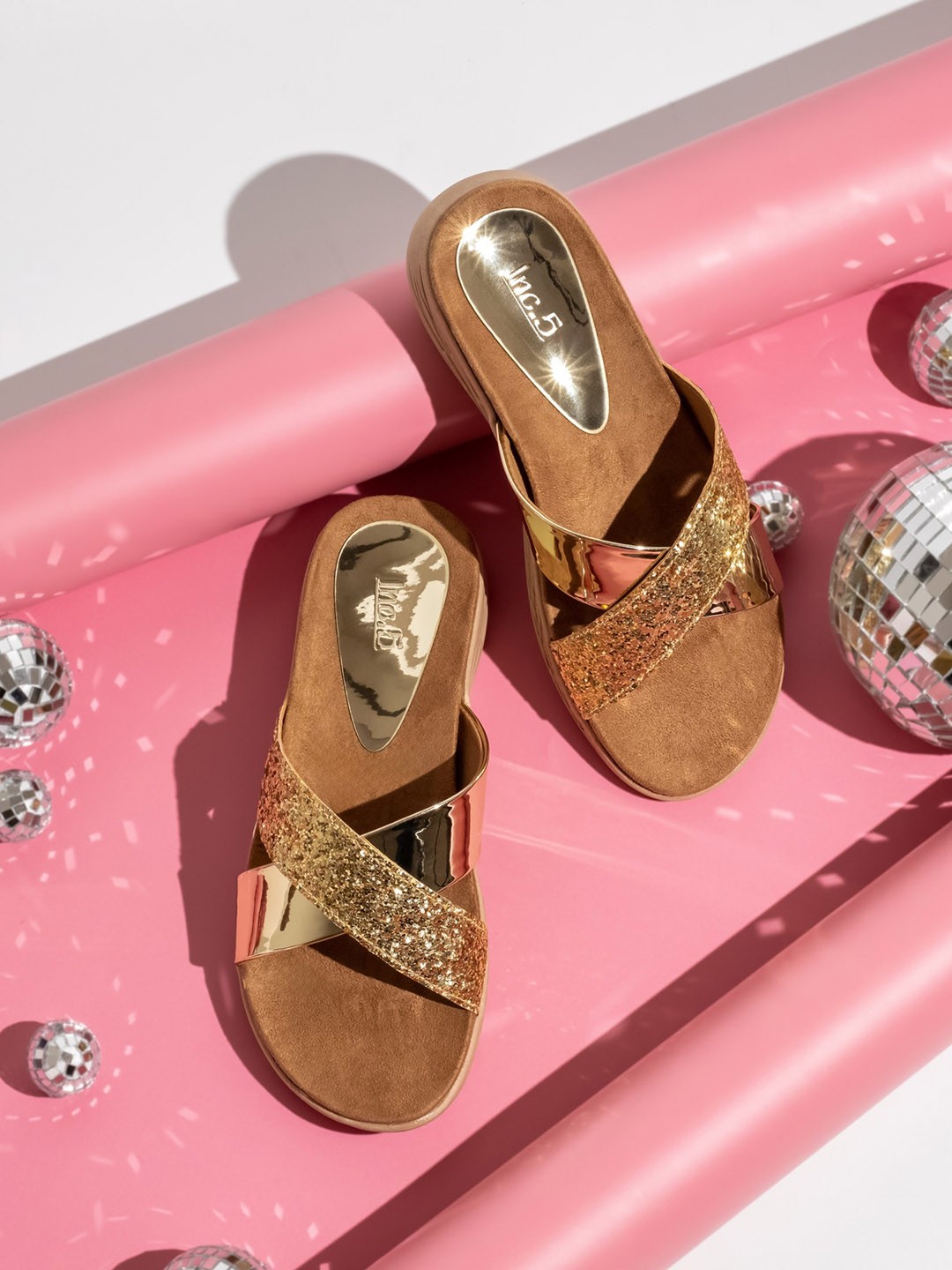 

Inc 5 Embellished Open Toe Flats, Gold