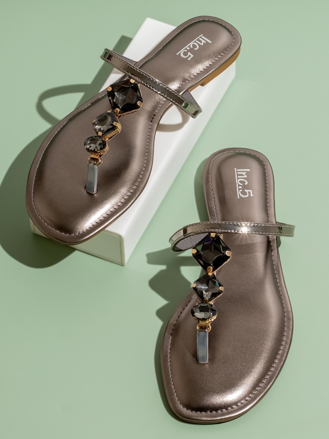 

Inc 5 Embellished Open Toe T-Strap Flats, Grey