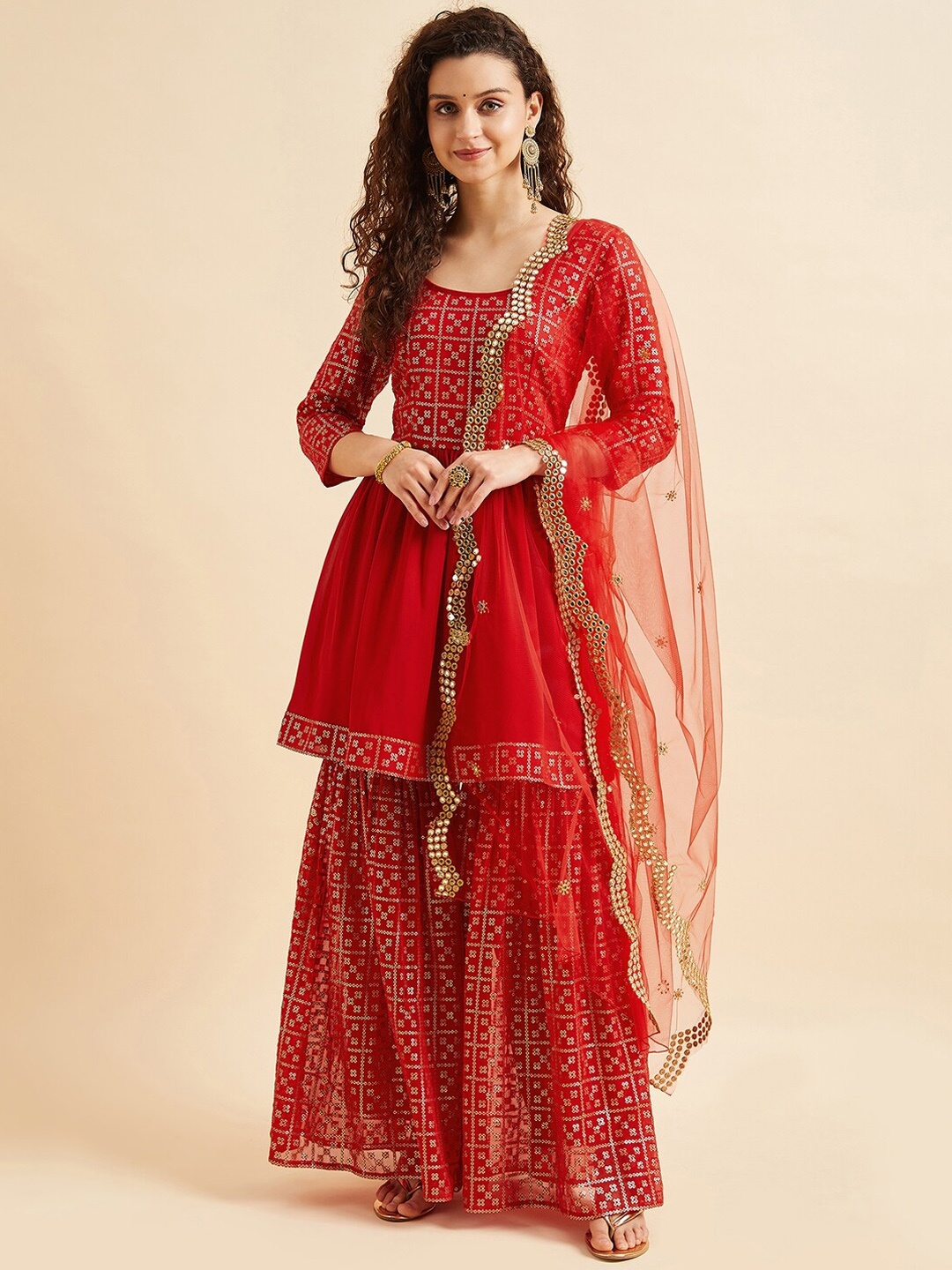 

PANIT Red Yoke Design Pleated Sequinned Kurta with Sharara & With Dupatta