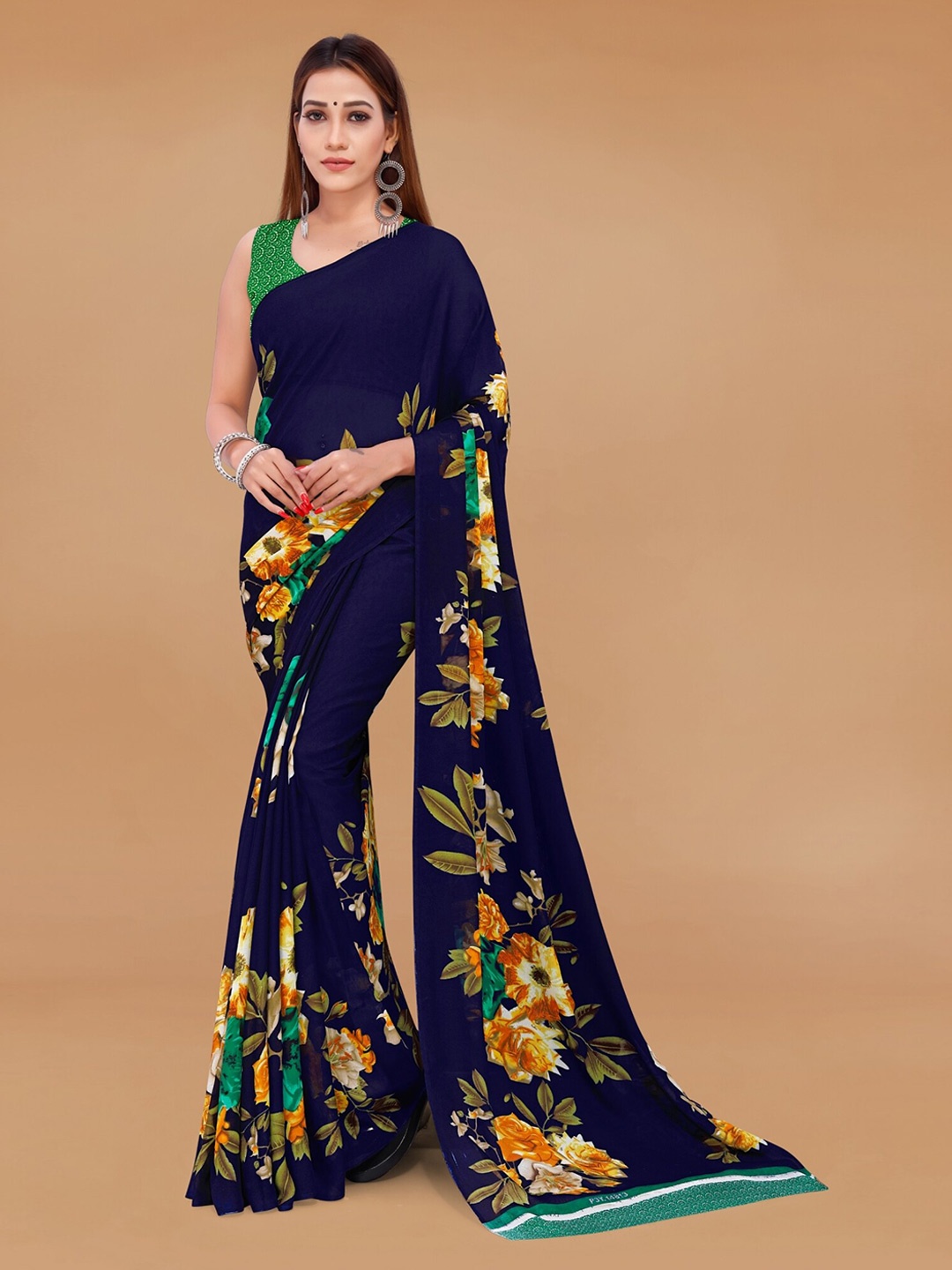 

Moda Rapido Floral Printed Saree, Navy blue