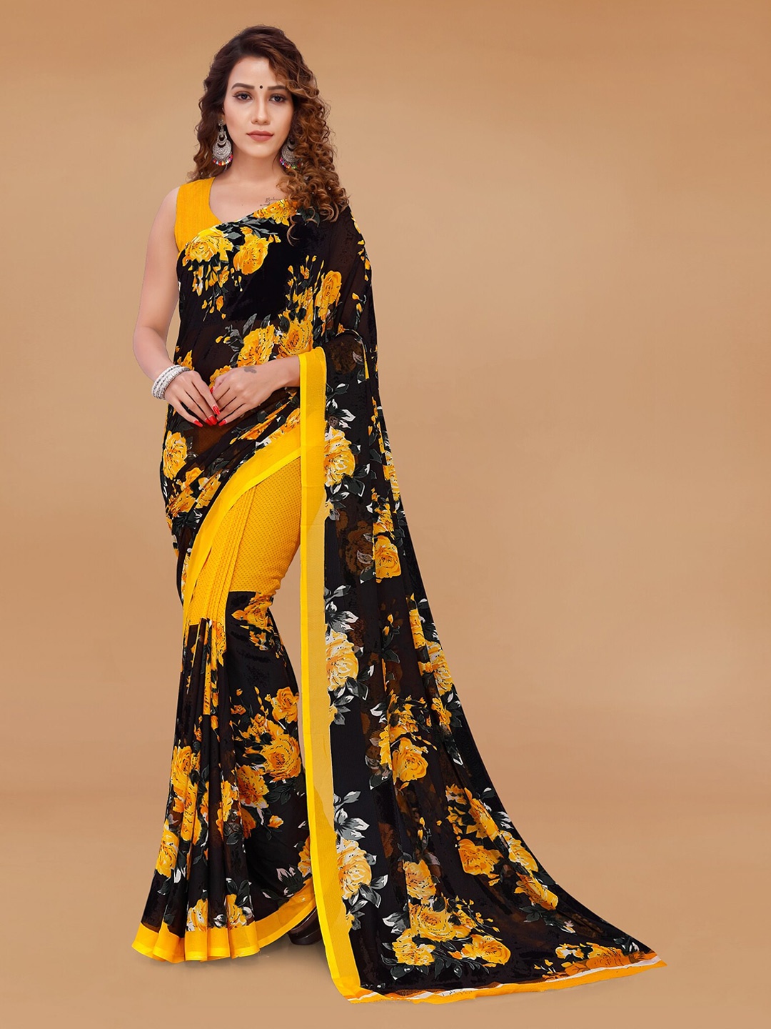 Moda Rapido Floral Printed Saree, Black