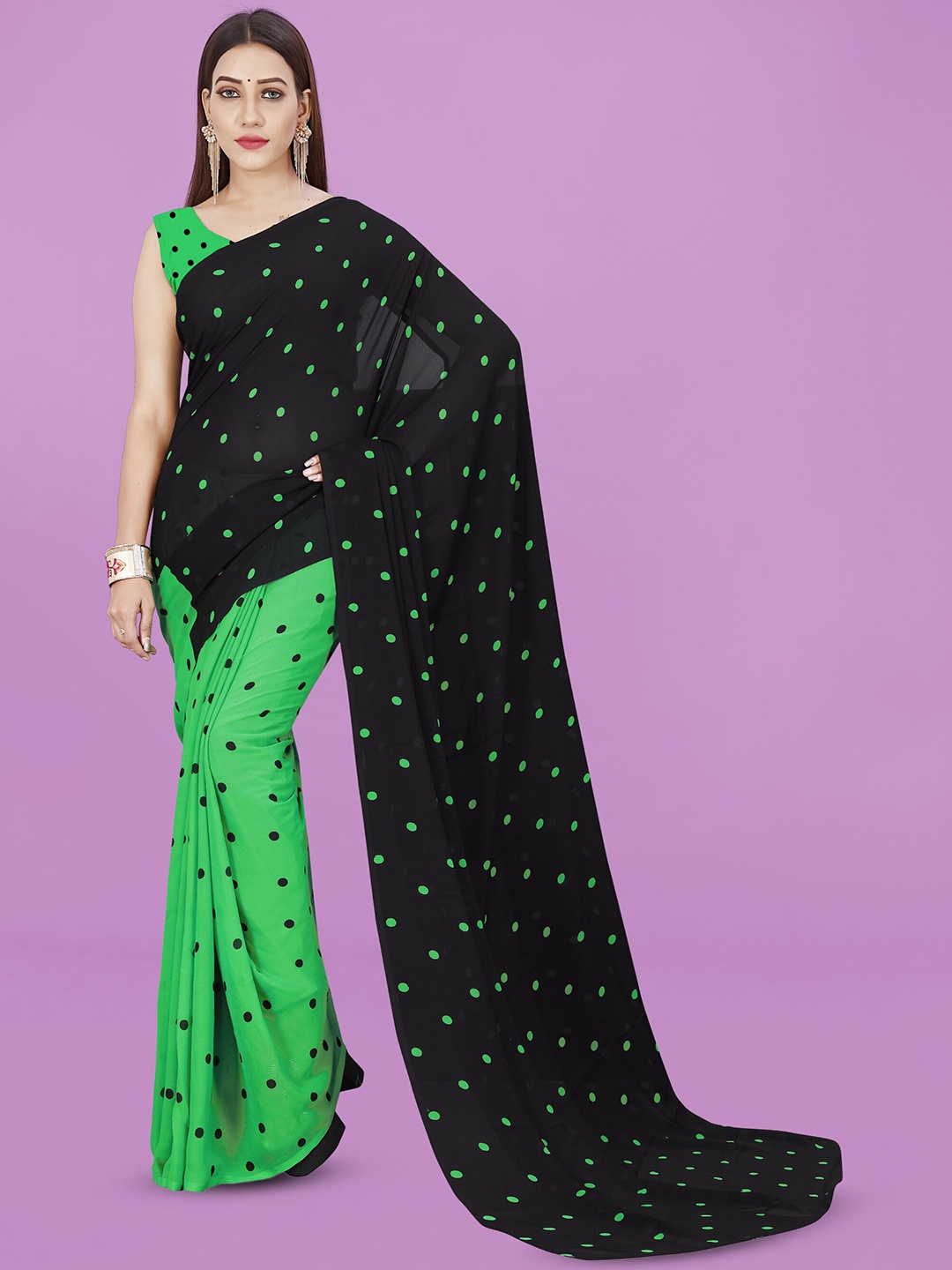 

Moda Rapido Polka Dot Printed Saree, Green