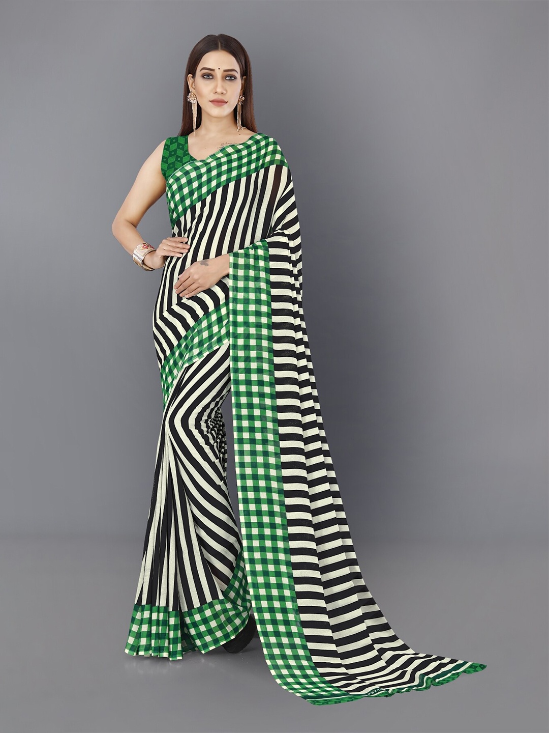 

ANAND SAREES Striped Saree, Green