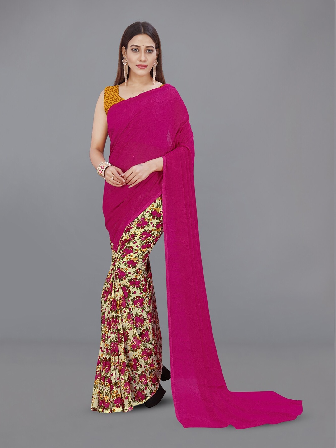 

ANAND SAREES Floral Half and Half Saree, Pink