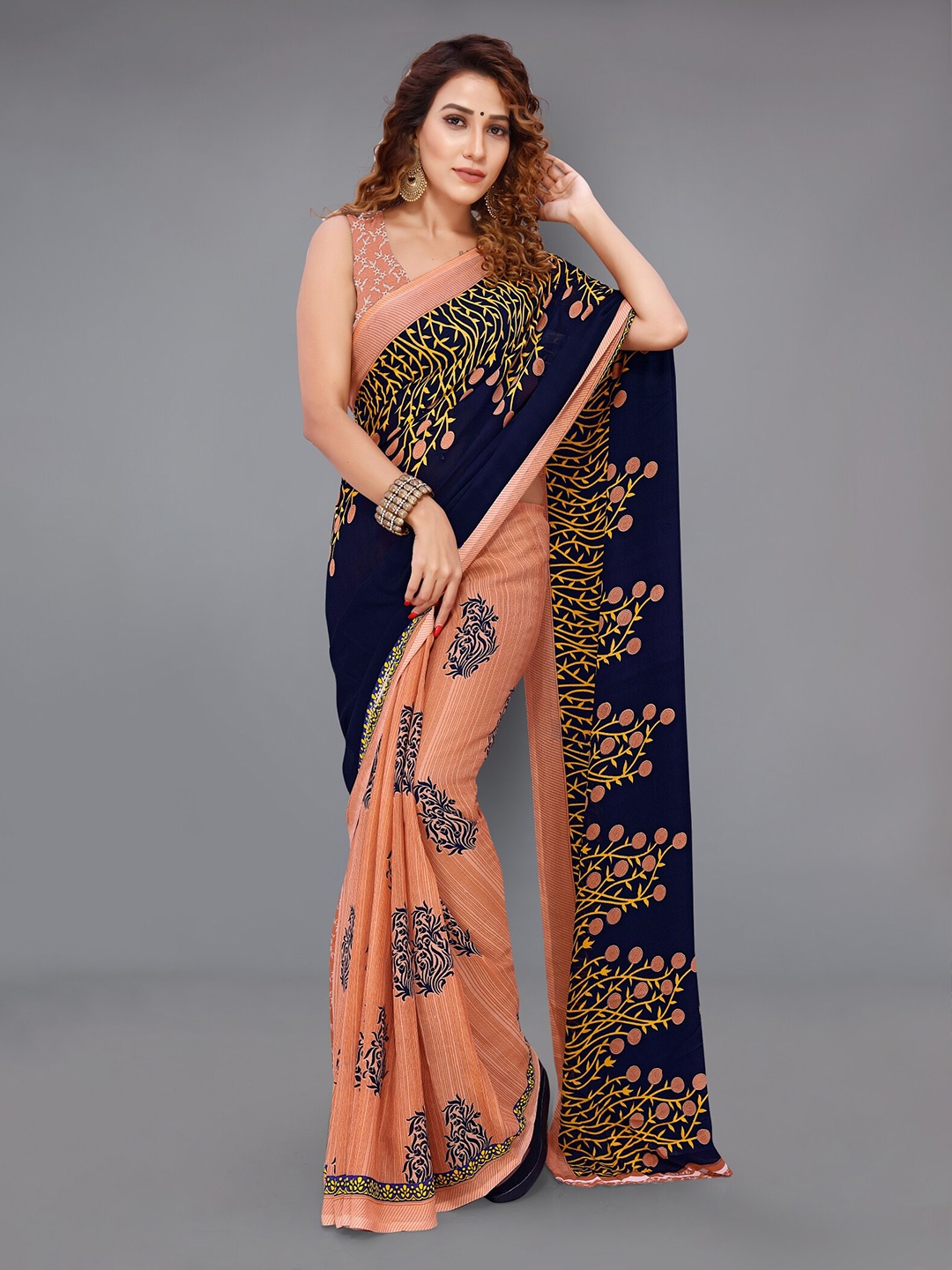 Moda Rapido Floral Printed Saree, Navy blue